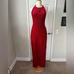 Red velvet halter neck sleeveless dress.